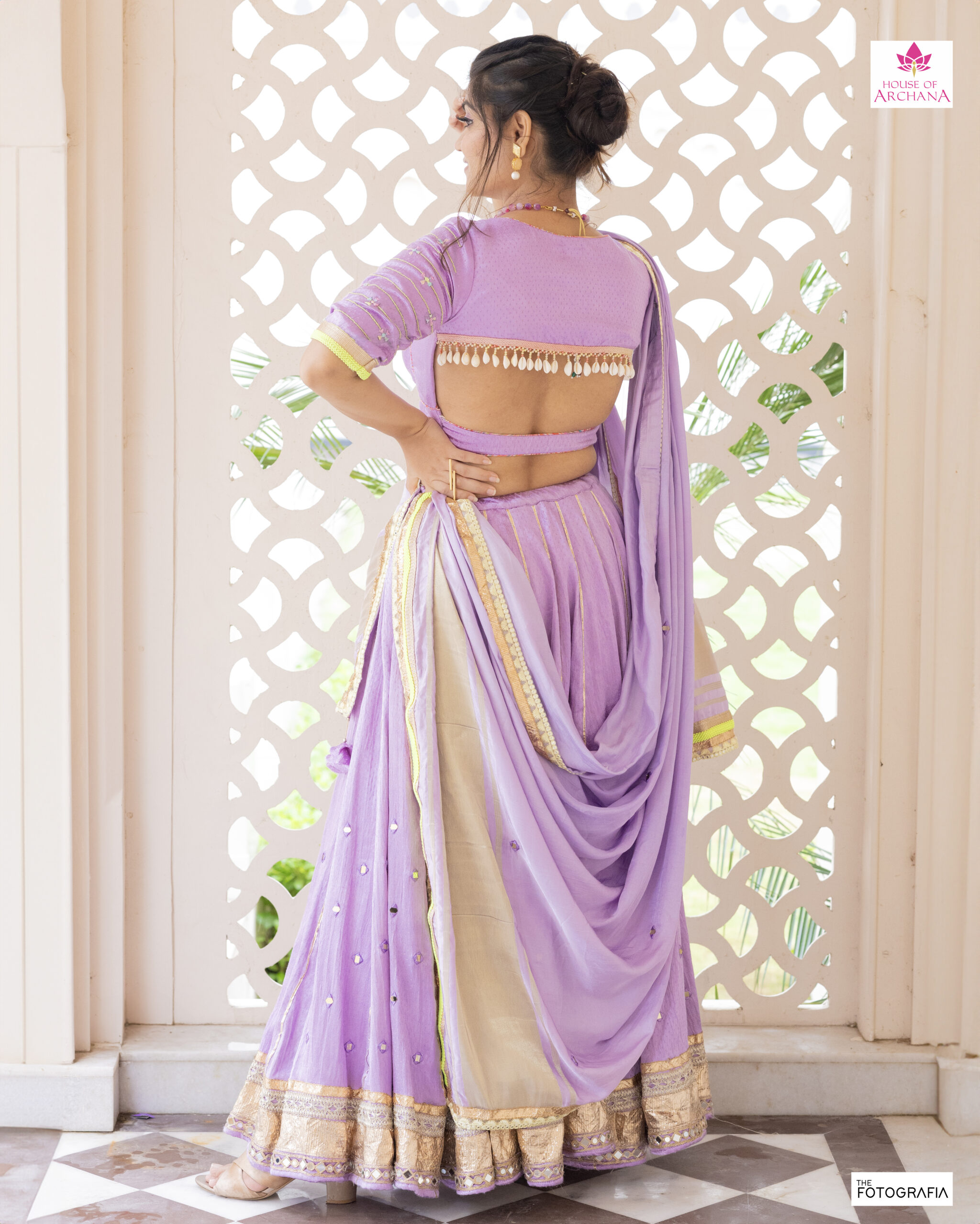 LAVENDER DOTTED MASHRU CHANIYA CHOLI WITH MIRROR WORK AND HAND EMBROIDERED SLEEVE BLOUSE