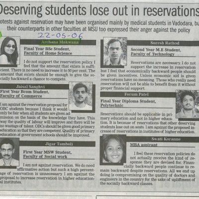 Archana Makwana opinion on Seat Reservation Featured in Baroda Times 22nd  May 2006